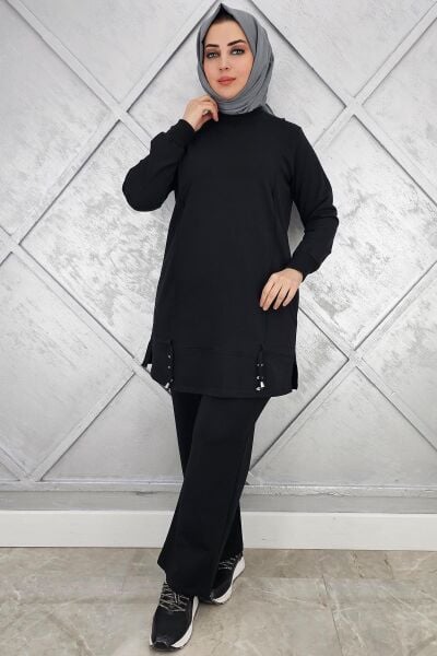 KADIN NERVÜR DİKİM DÜĞME DETAYLI TESETTÜR TAKIM SİYAH - 3XL