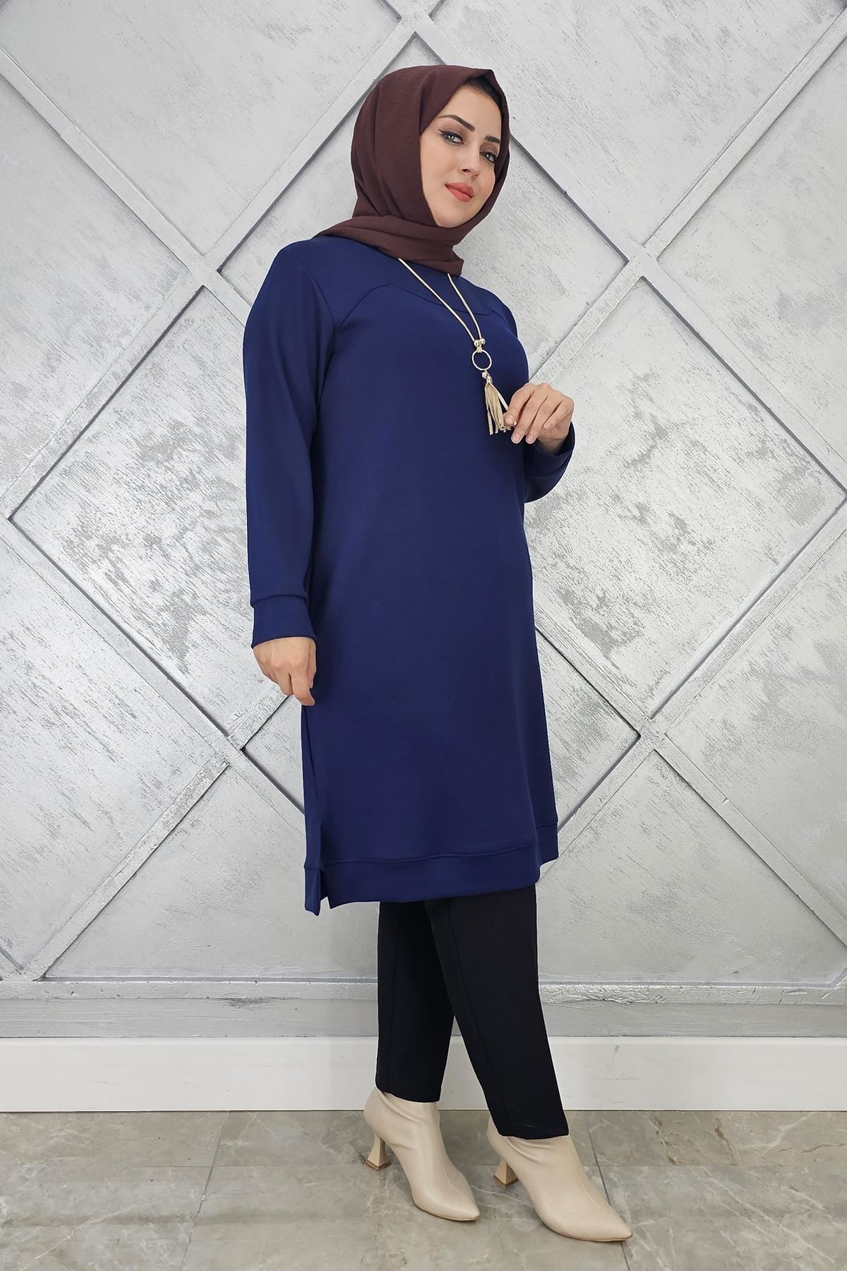 KADIN KOLYE DETAYLI TESETTÜR TUNİK LACİVERT - 4 BEDEN