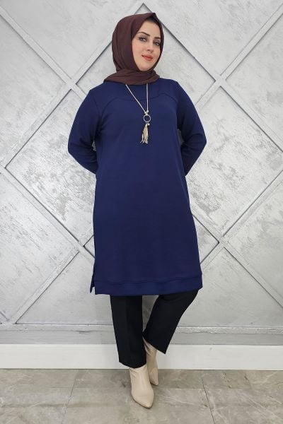KADIN KOLYE DETAYLI TESETTÜR TUNİK LACİVERT - 4 BEDEN