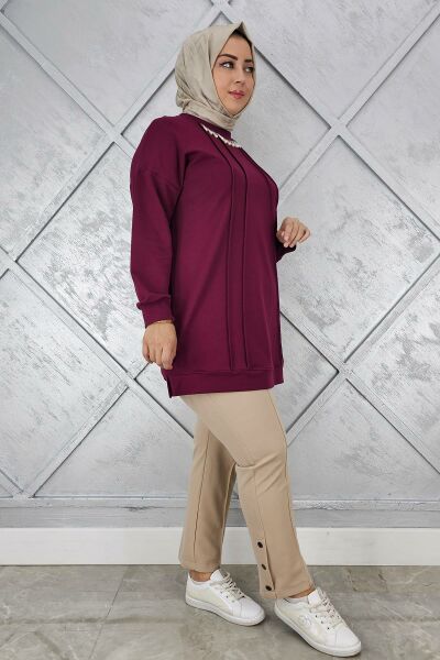 KADIN NERVÜR DİKİM İNCİ KOLYE DETAYLI TESETTÜR TUNİK BORDO - L