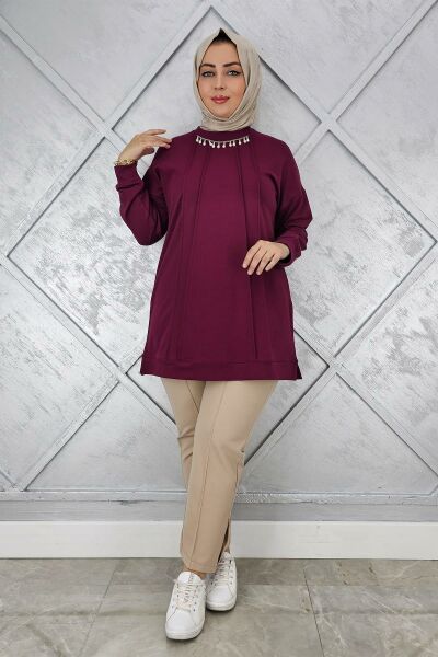 KADIN NERVÜR DİKİM İNCİ KOLYE DETAYLI TESETTÜR TUNİK BORDO - L