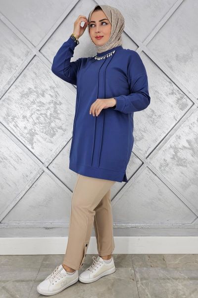 KADIN NERVÜR DİKİM İNCİ KOLYE DETAYLI TESETTÜR TUNİK İNDİGO - 3XL