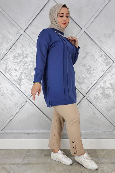 KADIN NERVÜR DİKİM İNCİ KOLYE DETAYLI TESETTÜR TUNİK İNDİGO - 3XL