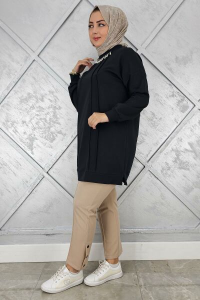 KADIN NERVÜR DİKİM İNCİ KOLYE DETAYLI TESETTÜR TUNİK SİYAH - 3XL