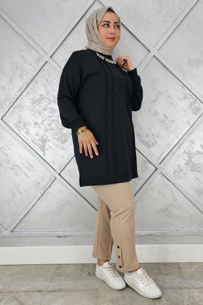 KADIN NERVÜR DİKİM İNCİ KOLYE DETAYLI TESETTÜR TUNİK SİYAH - 3XL