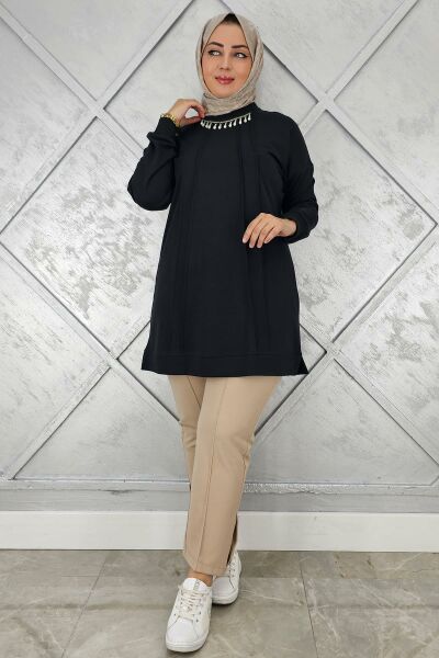 KADIN NERVÜR DİKİM İNCİ KOLYE DETAYLI TESETTÜR TUNİK SİYAH - 3XL