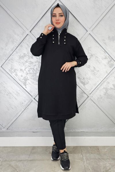 KADIN ÇITÇIT FERMUAR DETAYLI TESETTÜR TUNİK SİYAH - 3 BEDEN