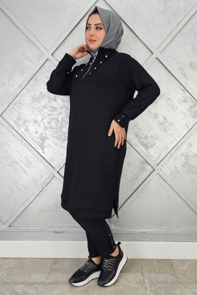 KADIN ÇITÇIT FERMUAR DETAYLI TESETTÜR TUNİK SİYAH - 3 BEDEN