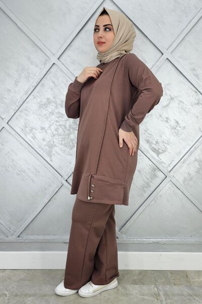 KADIN NERVÜR DİKİM DÜĞME DETAYLI TESETTÜR TAKIM VİZON - 3XL