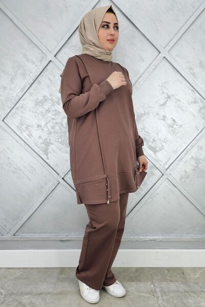 KADIN NERVÜR DİKİM DÜĞME DETAYLI TESETTÜR TAKIM VİZON - 3XL