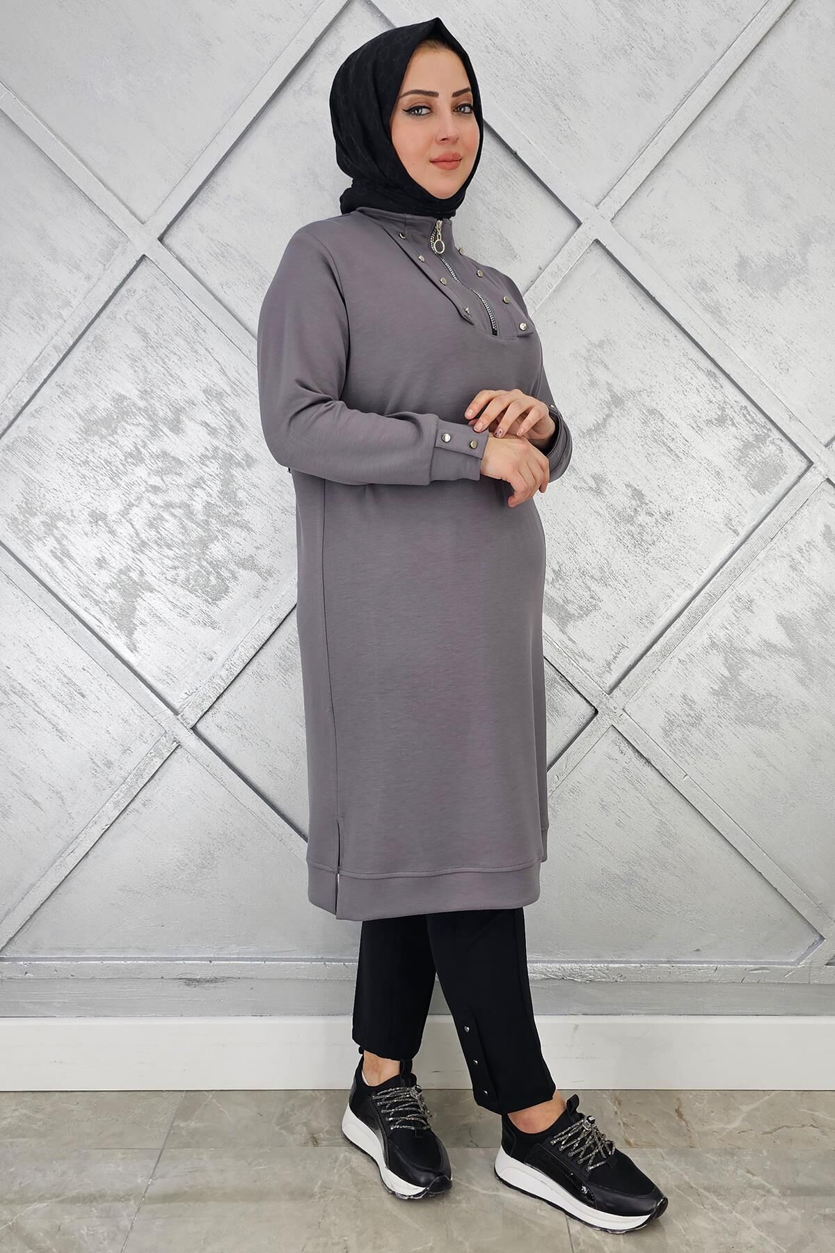 KADIN ÇITÇIT FERMUAR DETAYLI TESETTÜR TUNİK GRİ - 3 BEDEN