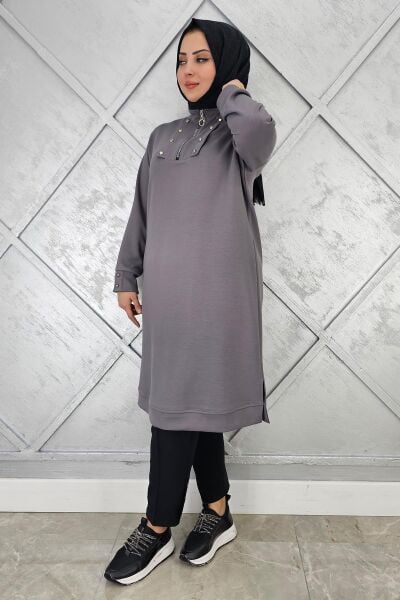 KADIN ÇITÇIT FERMUAR DETAYLI TESETTÜR TUNİK GRİ - 3 BEDEN