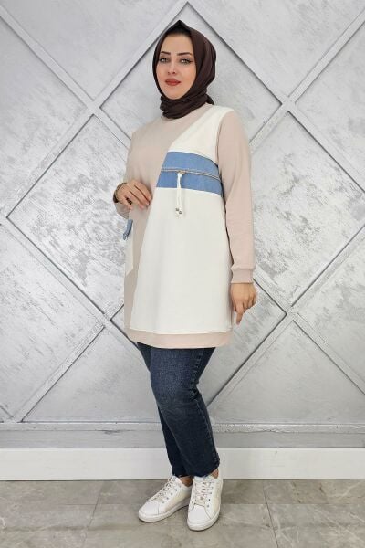 KADIN KOMBİNLİ TAŞ VE FERMUAR DETAYLI TESETTÜR TUNİK BEJ - 2 BEDEN