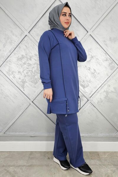 KADIN NERVÜR DİKİM DÜĞME DETAYLI TESETTÜR TAKIM İNDİGO - 3XL