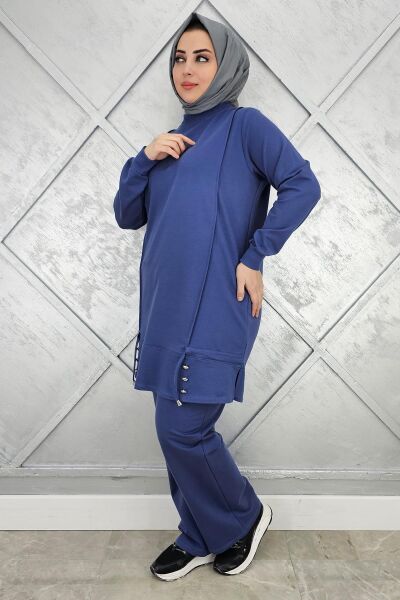 KADIN NERVÜR DİKİM DÜĞME DETAYLI TESETTÜR TAKIM İNDİGO - 3XL