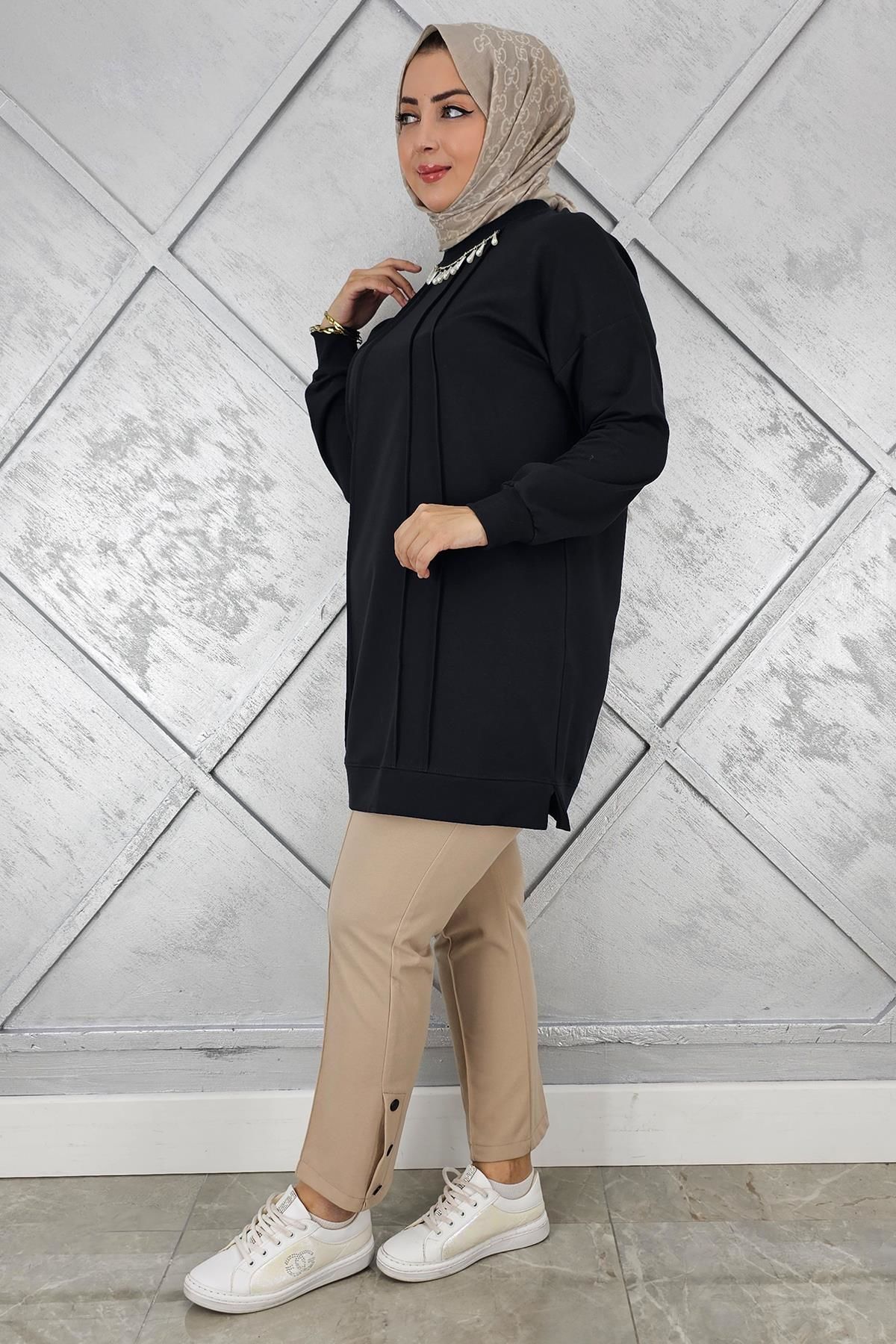 KADIN NERVÜR DİKİM İNCİ KOLYE DETAYLI TESETTÜR TUNİK SİYAH - L