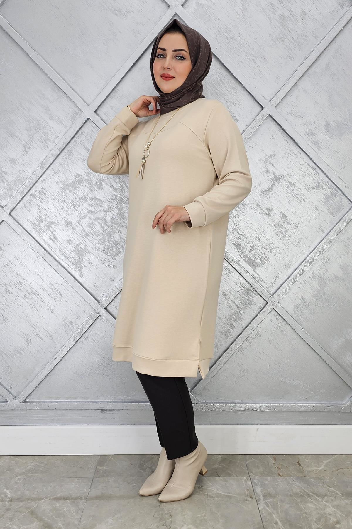 KADIN KOLYE DETAYLI TESETTÜR TUNİK BEJ - 5 BEDEN
