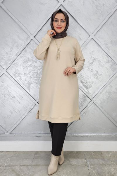 KADIN KOLYE DETAYLI TESETTÜR TUNİK BEJ - 5 BEDEN