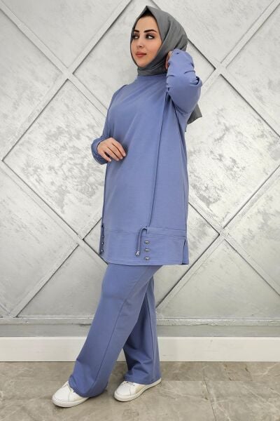 KADIN NERVÜR DİKİM DÜĞME DETAYLI TESETTÜR TAKIM MAVİ - 2XL