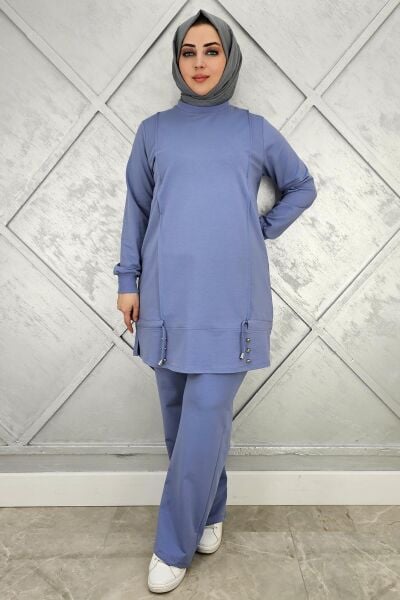 KADIN NERVÜR DİKİM DÜĞME DETAYLI TESETTÜR TAKIM MAVİ - 2XL