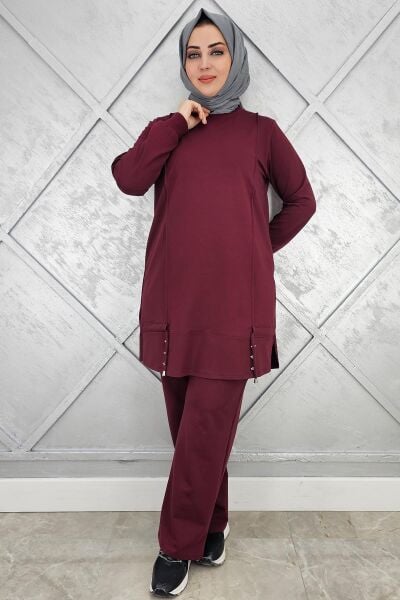 KADIN NERVÜR DİKİM DÜĞME DETAYLI TESETTÜR TAKIM BORDO - XL