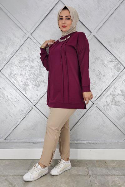 KADIN NERVÜR DİKİM İNCİ KOLYE DETAYLI TESETTÜR TUNİK BORDO - 3XL