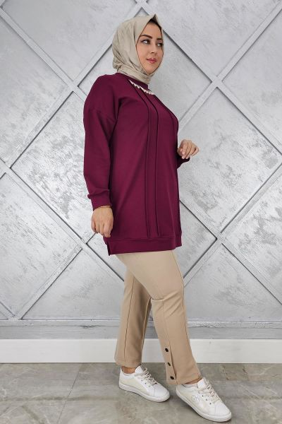 KADIN NERVÜR DİKİM İNCİ KOLYE DETAYLI TESETTÜR TUNİK BORDO - 3XL