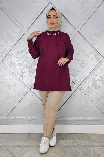 KADIN NERVÜR DİKİM İNCİ KOLYE DETAYLI TESETTÜR TUNİK BORDO - 3XL