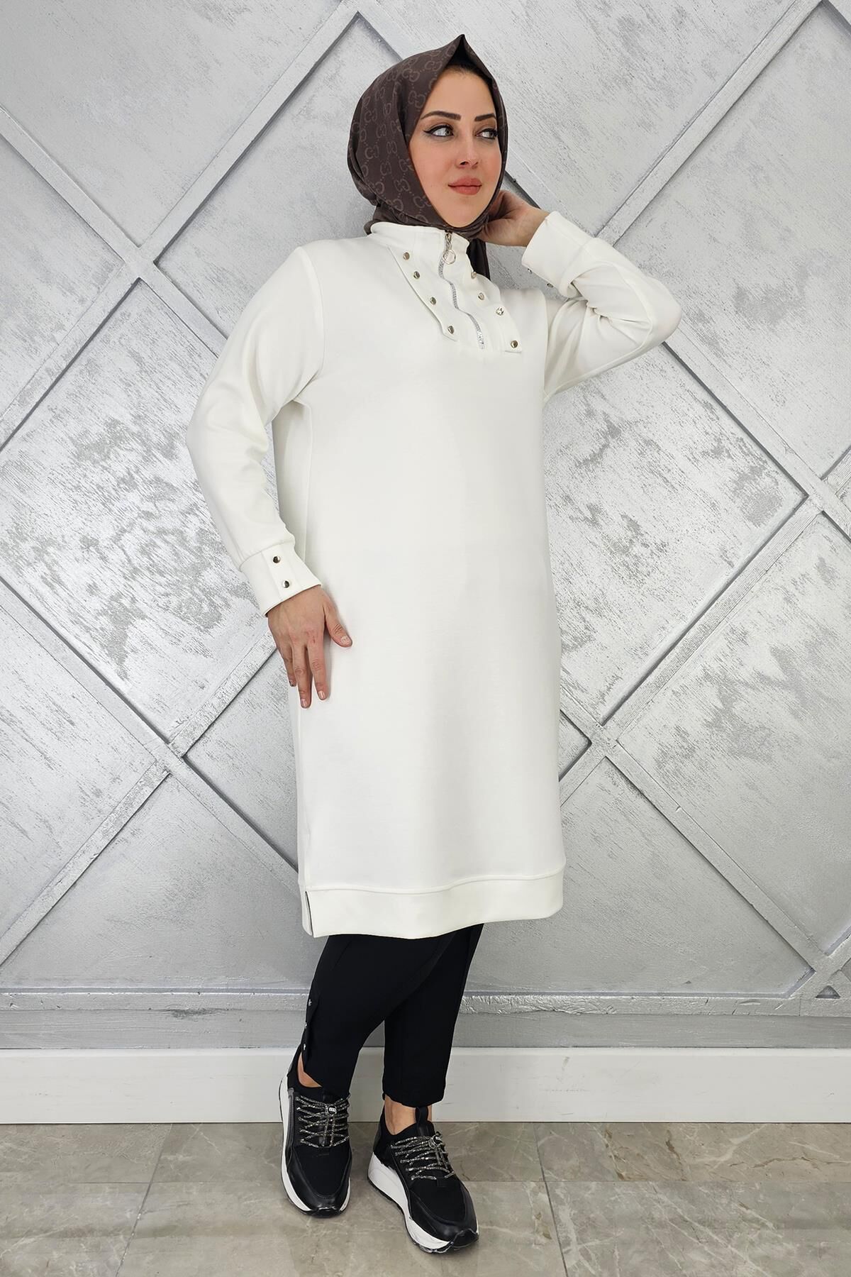 KADIN ÇITÇIT FERMUAR DETAYLI TESETTÜR TUNİK EKRU - 2 BEDEN