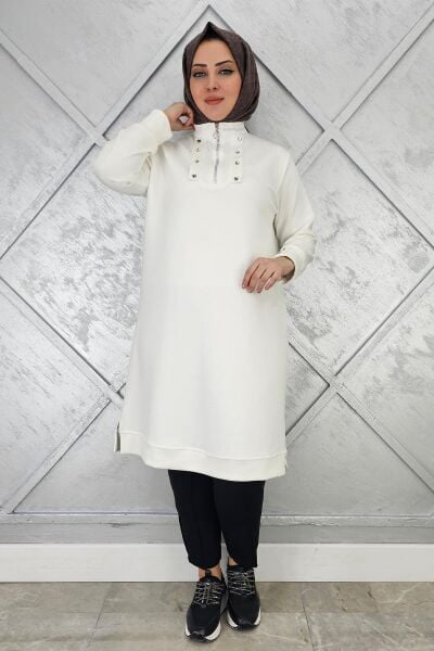KADIN ÇITÇIT FERMUAR DETAYLI TESETTÜR TUNİK EKRU - 2 BEDEN