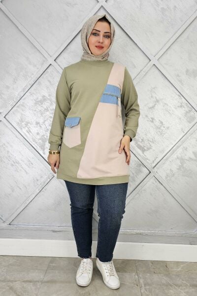 KADIN KOMBİNLİ TAŞ VE FERMUAR DETAYLI TESETTÜR TUNİK HAKİ - 3 BEDEN