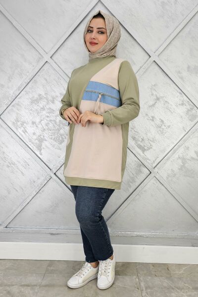 KADIN KOMBİNLİ TAŞ VE FERMUAR DETAYLI TESETTÜR TUNİK HAKİ - 3 BEDEN