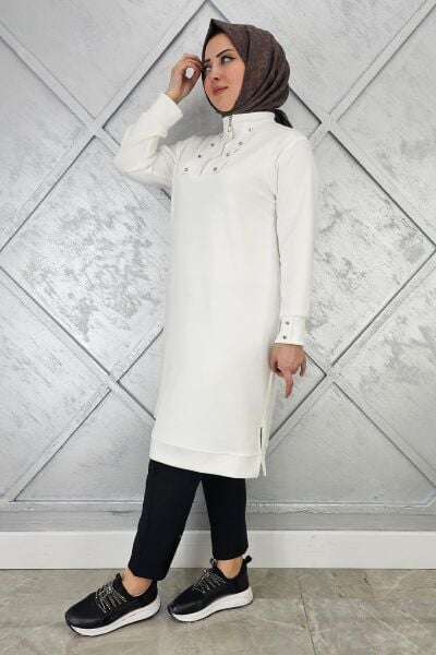 KADIN ÇITÇIT FERMUAR DETAYLI TESETTÜR TUNİK EKRU - 3 BEDEN