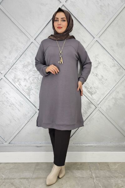 KADIN KOLYE DETAYLI TESETTÜR TUNİK GRİ - 2 BEDEN