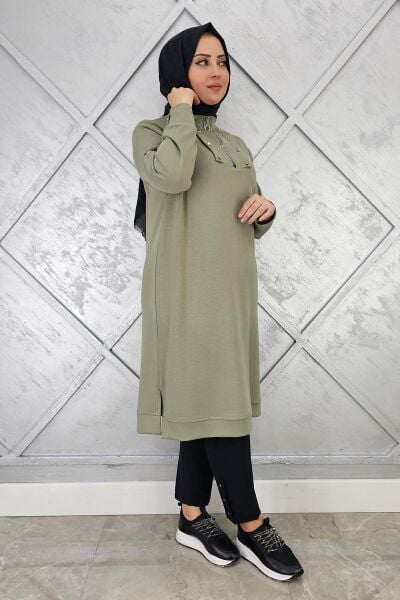 KADIN ÇITÇIT FERMUAR DETAYLI TESETTÜR TUNİK HAKİ - 3 BEDEN