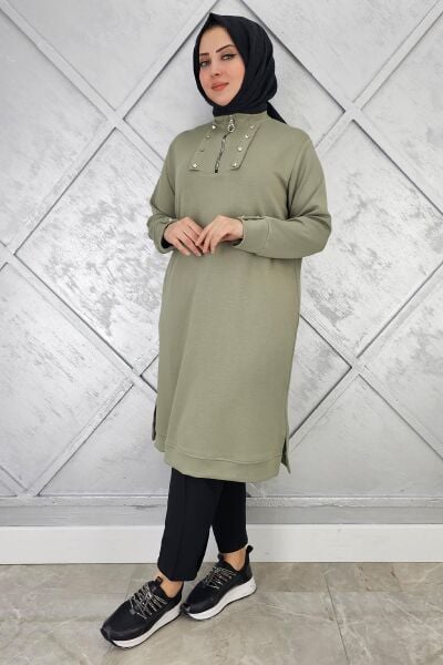 KADIN ÇITÇIT FERMUAR DETAYLI TESETTÜR TUNİK HAKİ - 3 BEDEN