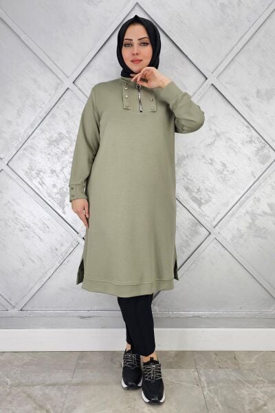 KADIN ÇITÇIT FERMUAR DETAYLI TESETTÜR TUNİK HAKİ - 3 BEDEN