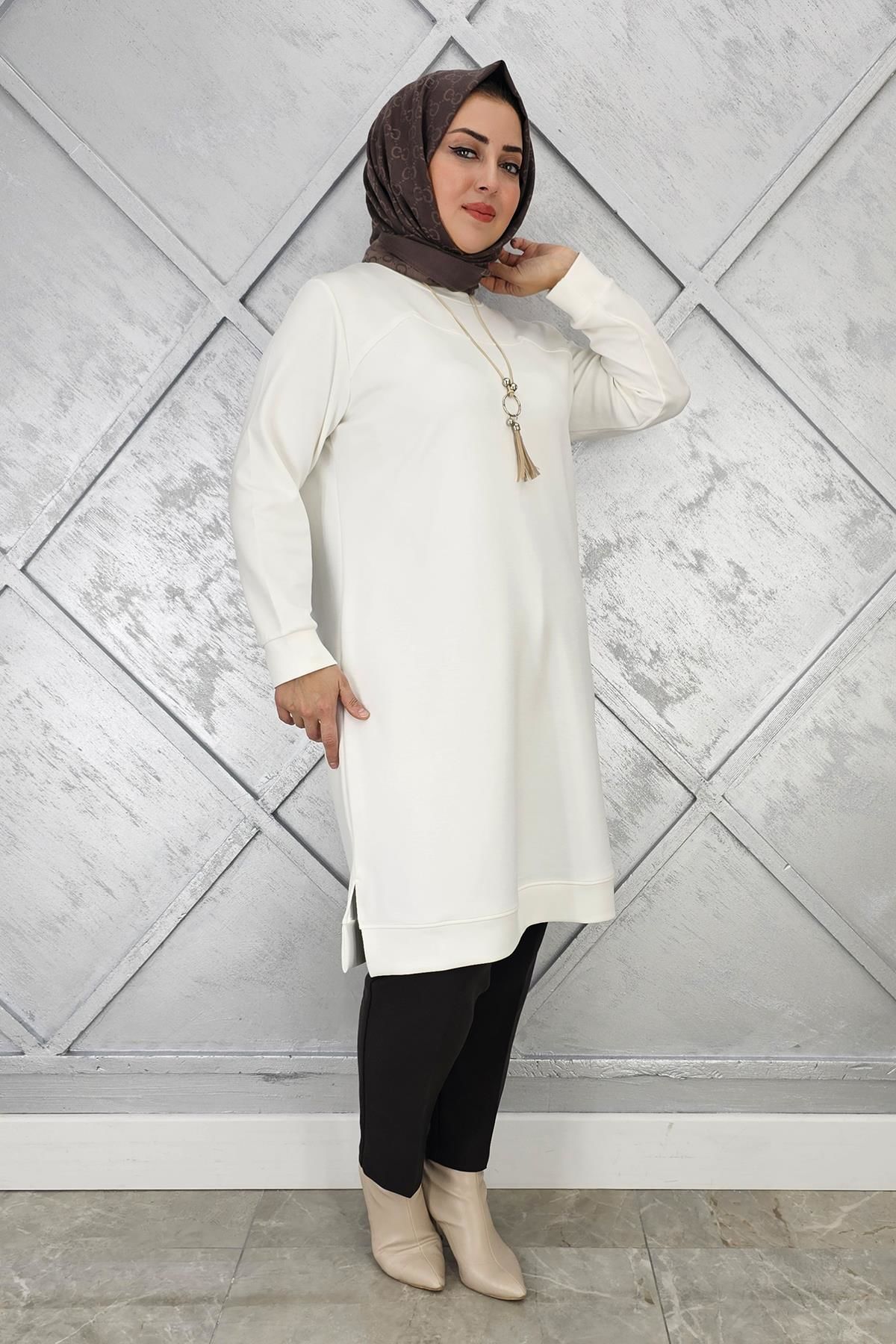 KADIN KOLYE DETAYLI TESETTÜR TUNİK EKRU - 5 BEDEN