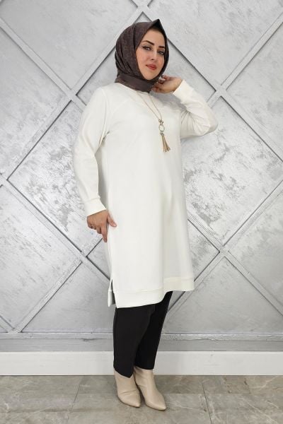 KADIN KOLYE DETAYLI TESETTÜR TUNİK EKRU - 5 BEDEN