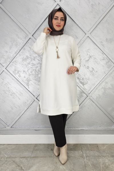 KADIN KOLYE DETAYLI TESETTÜR TUNİK EKRU - 5 BEDEN