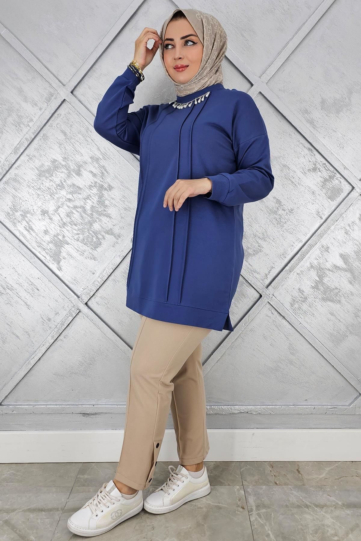 KADIN NERVÜR DİKİM İNCİ KOLYE DETAYLI TESETTÜR TUNİK İNDİGO - L