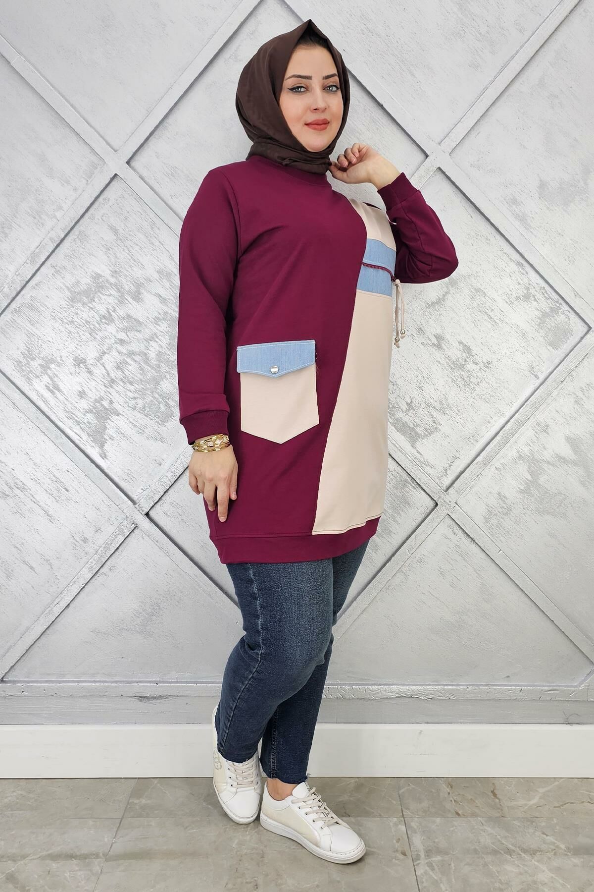 KADIN KOMBİNLİ TAŞ VE FERMUAR DETAYLI TESETTÜR TUNİK BORDO - 3 BEDEN