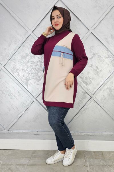 KADIN KOMBİNLİ TAŞ VE FERMUAR DETAYLI TESETTÜR TUNİK BORDO - 3 BEDEN