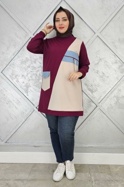 KADIN KOMBİNLİ TAŞ VE FERMUAR DETAYLI TESETTÜR TUNİK BORDO - 3 BEDEN