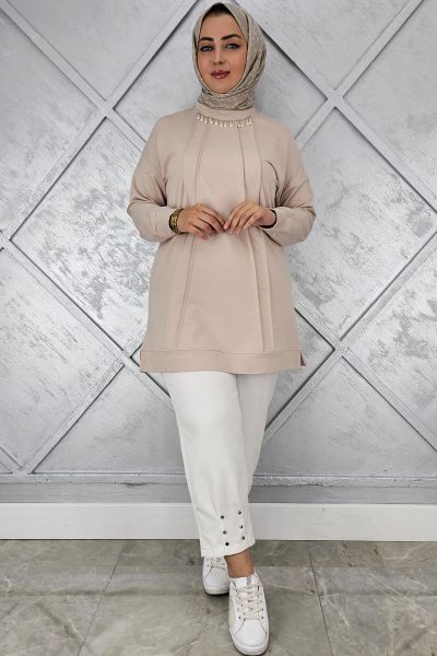 KADIN NERVÜR DİKİM İNCİ KOLYE DETAYLI TESETTÜR TUNİK BEJ - L