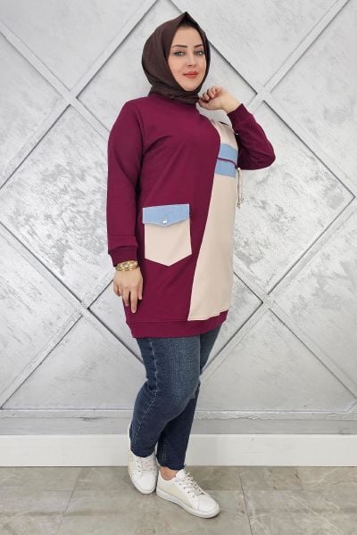 KADIN KOMBİNLİ TAŞ VE FERMUAR DETAYLI TESETTÜR TUNİK BORDO - 4 BEDEN