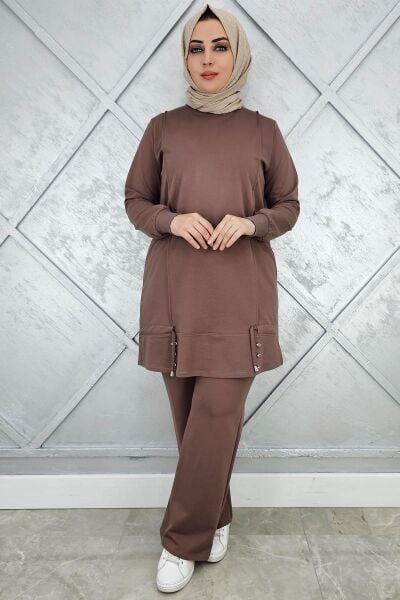 KADIN NERVÜR DİKİM DÜĞME DETAYLI TESETTÜR TAKIM VİZON - XL