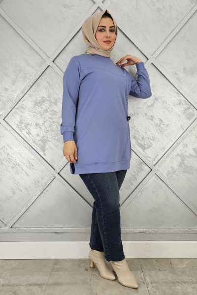 KADIN TAŞ VE DÜĞME DETAYLI TESETTÜR TUNİK MAVİ - 2XL