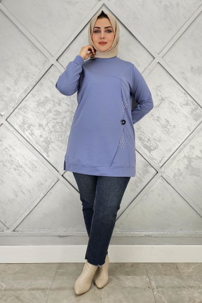 KADIN TAŞ VE DÜĞME DETAYLI TESETTÜR TUNİK MAVİ - 2XL