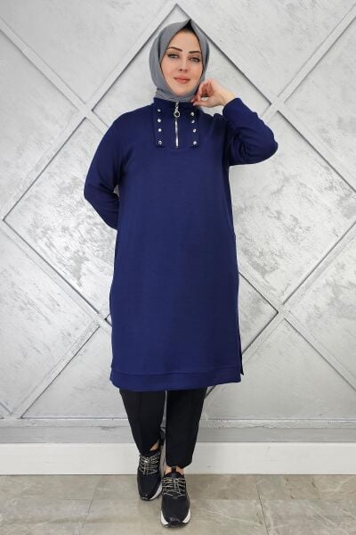 KADIN ÇITÇIT FERMUAR DETAYLI TESETTÜR TUNİK LACİVERT - 4 BEDEN
